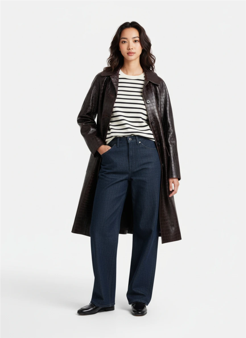 AI model wearing a leather jacket and navy trousers.
