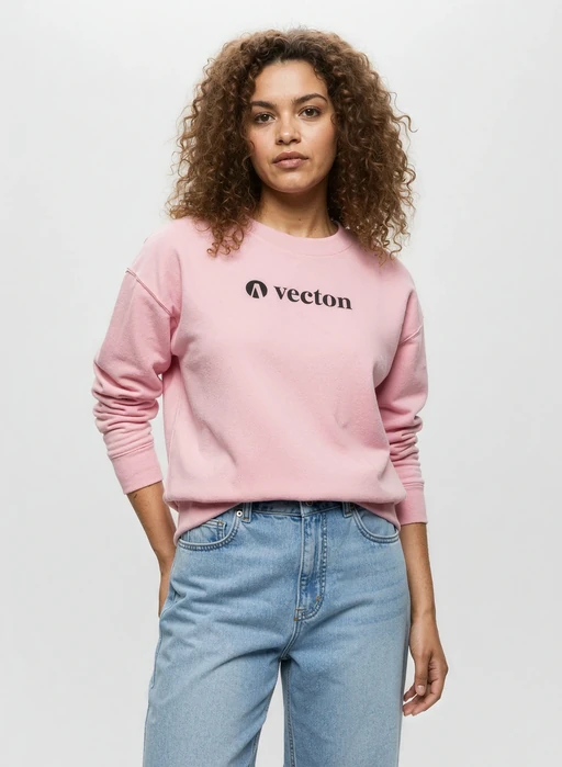 AI-generated child model smiling in pink Veeton sweatshirt and light blue jeans
