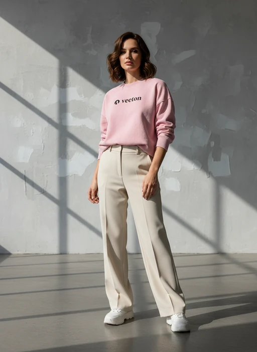 AI-generated model with bob haircut in pink Veeton sweatshirt and black jeans on yellow-green background
