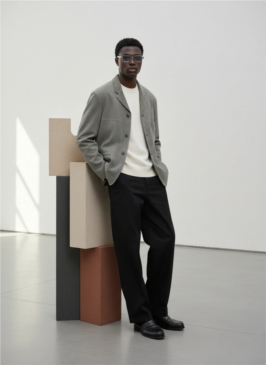 AI model wearing a gray bomber and black pants.