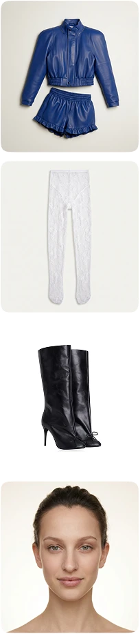 Product photos: blue jacket, white tights, black boots and the model portrait
