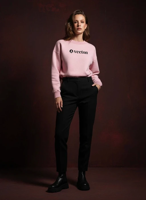 AI-generated model in pink Veeton sweatshirt and black trousers on dark burgundy background