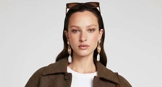 Before: low-resolution portrait of a model in a brown wool jacket with pearl earrings and sunglasses