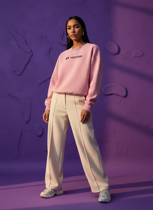 AI-generated model in pink Veeton sweatshirt and black trousers on dark burgundy background