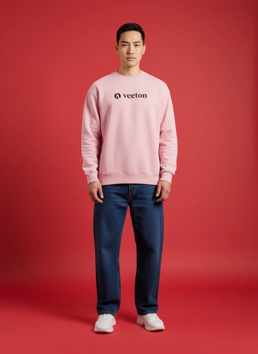 AI fashion model in pink Veeton sweatshirt and cream trousers against purple textured wall