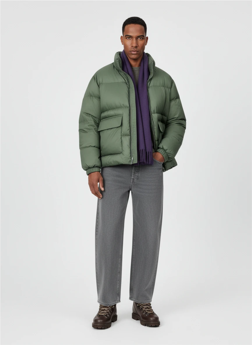 AI model wearing a green puffer jacket and gray trousers.