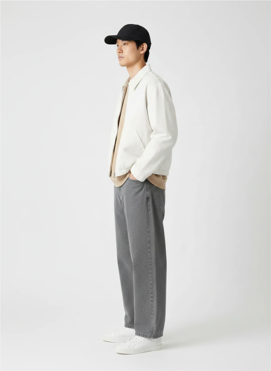 AI model wearing a white jacket and gray wide-leg pants.