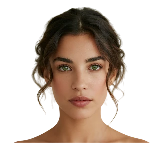 AI model face of a woman with green eyes and a loose brown updo